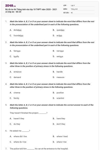 Bộ đề ôn thi Tiếng Anh vào lớp 10 THPT năm 2020 - 2021 có đáp án - Đề 20