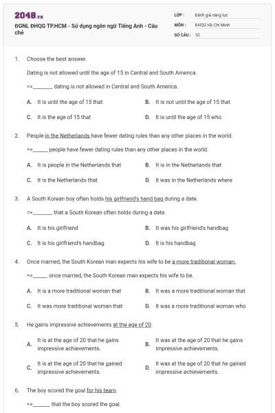 ĐGNL ĐHQG TP.HCM - Sử dụng ngôn ngữ Tiếng Anh - Câu chẻ