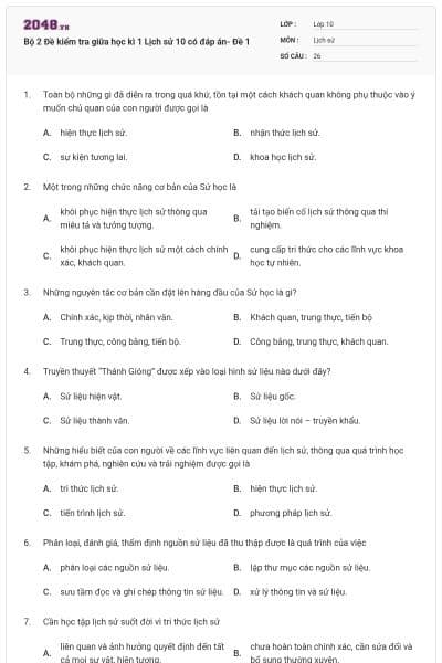 Bộ 2 Đề kiểm tra giữa học kì 1 Lịch sử 10 có đáp án- Đề 1