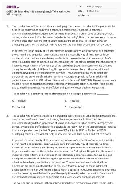 ĐGTD ĐH Bách khoa - Sử dụng ngôn ngữ Tiếng Anh - Đọc hiểu nâng cao