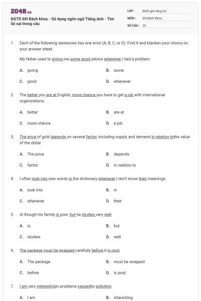 ĐGTD ĐH Bách khoa - Sử dụng ngôn ngữ Tiếng Anh - Tìm lỗi sai trong câu