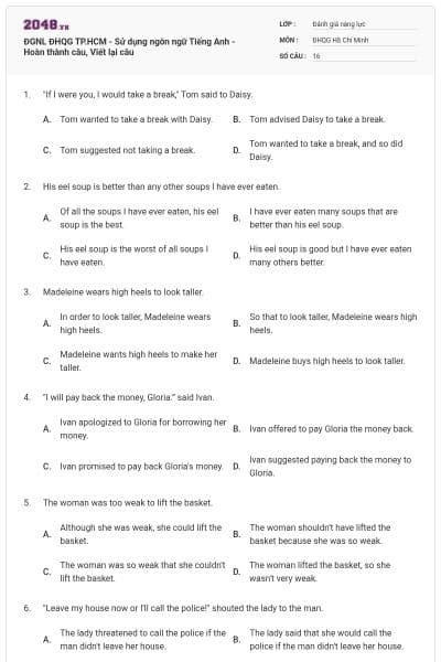 ĐGNL ĐHQG TP.HCM - Sử dụng ngôn ngữ Tiếng Anh - Hoàn thành câu, Viết lại câu