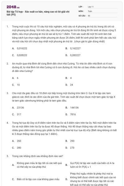 Bài tập Tổ hợp - Xác suất cơ bản, nâng cao có lời giải chi tiết (P5)