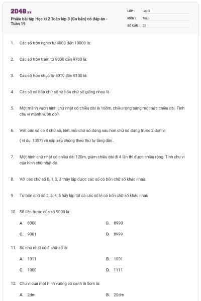 Phiếu bài tập Học kì 2 Toán lớp 3 (Cơ bản) có đáp án - Tuần 19