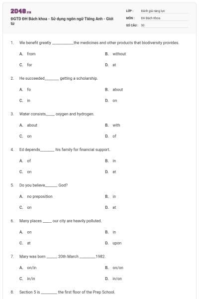 ĐGTD ĐH Bách khoa - Sử dụng ngôn ngữ Tiếng Anh - Giới từ