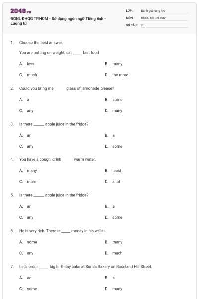 ĐGNL ĐHQG TP.HCM - Sử dụng ngôn ngữ Tiếng Anh - Lượng từ