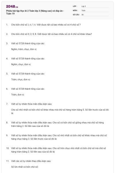 Phiếu bài tập Học kì 2 Toán lớp 3 (Nâng cao) có đáp án - Tuần 19
