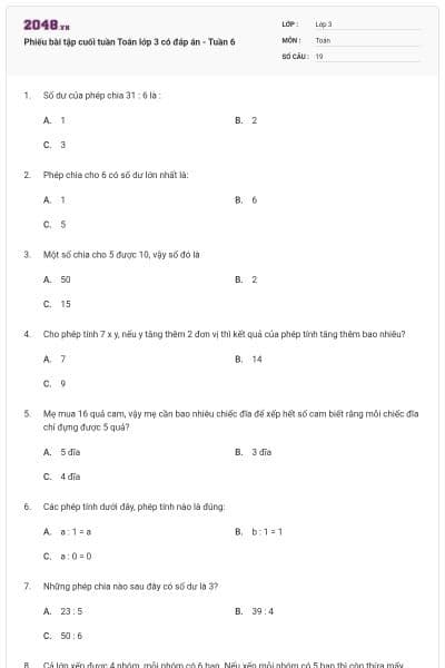 Phiếu bài tập cuối tuần Toán lớp 3 có đáp án - Tuần 6