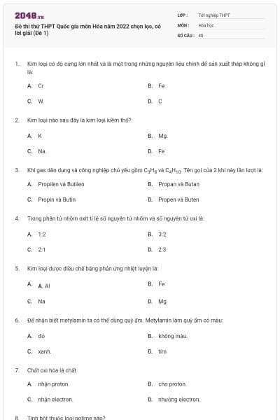 Đề thi thử THPT Quốc gia môn Hóa năm 2022 chọn lọc, có lời giải (Đề 1)