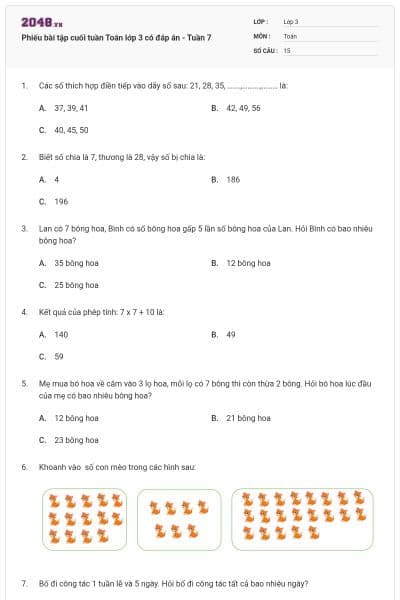 Phiếu bài tập cuối tuần Toán lớp 3 có đáp án - Tuần 7