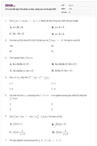 213 câu Bài tập Tích phân cơ bản, nâng cao có lời giải (P8)