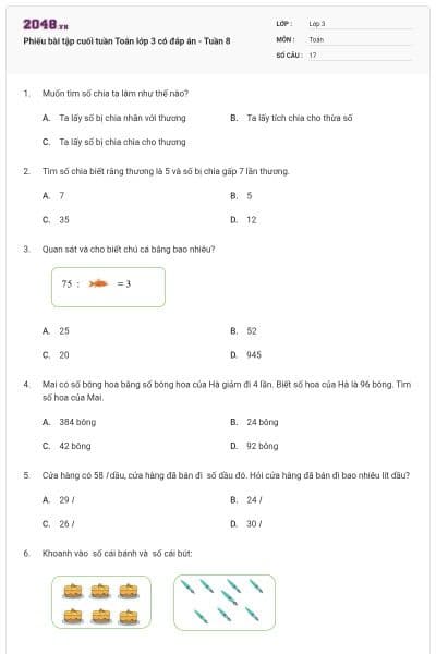 Phiếu bài tập cuối tuần Toán lớp 3 có đáp án - Tuần 8