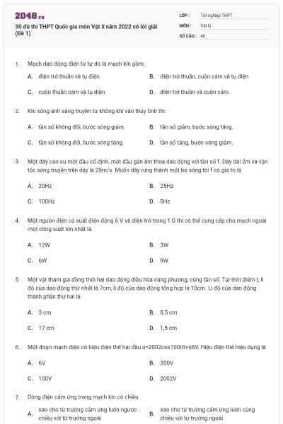30 đề thi THPT Quốc gia môn Vật lí năm 2022 có lời giải (Đề 1)