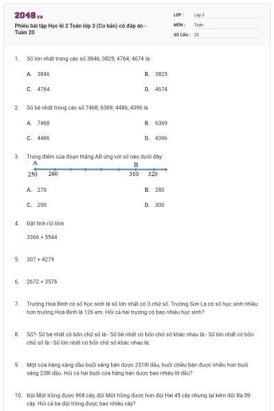 Phiếu bài tập Học kì 2 Toán lớp 3 (Cơ bản) có đáp án - Tuần 20