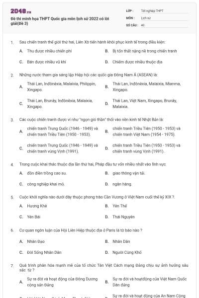 Đề thi minh họa THPT Quốc gia môn lịch sử 2022 có lời giải(Đề 3)