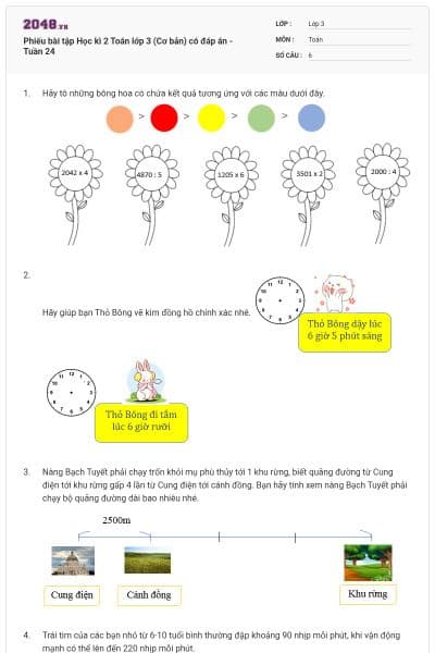 Phiếu bài tập Học kì 2 Toán lớp 3 (Cơ bản) có đáp án - Tuần 24