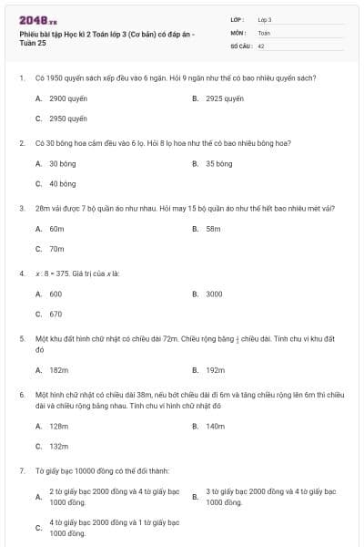 Phiếu bài tập Học kì 2 Toán lớp 3 (Cơ bản) có đáp án - Tuần 25