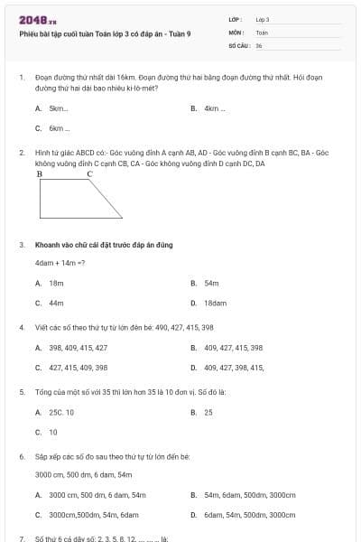 Phiếu bài tập cuối tuần Toán lớp 3 có đáp án - Tuần 9