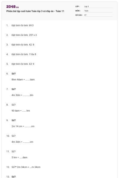 Phiếu bài tập cuối tuần Toán lớp 3 có đáp án - Tuần 11