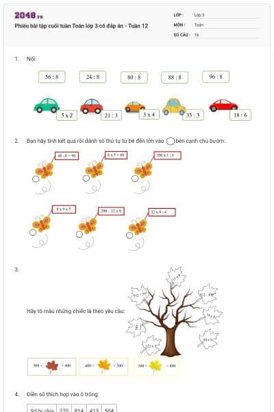 Phiếu bài tập cuối tuần Toán lớp 3 có đáp án - Tuần 12