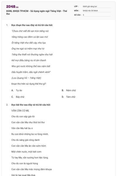 ĐGNL ĐHQG TP.HCM - Sử dụng ngôn ngữ Tiếng Việt - Thể thơ