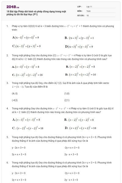 18 Bài tập Phép dời hình và phép đồng dạng trong mặt phẳng từ đề thi Đại Học (P1)