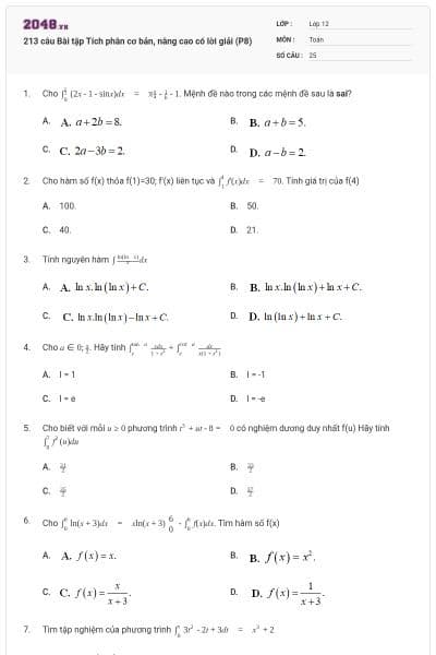 213 câu Bài tập Tích phân cơ bản, nâng cao có lời giải (P8)