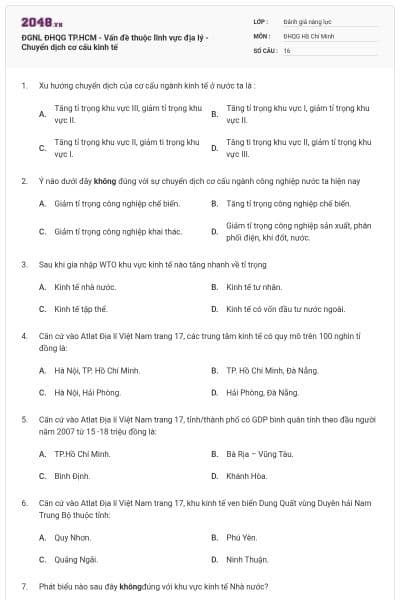 ĐGNL ĐHQG TP.HCM - Vấn đề thuộc lĩnh vực địa lý - Chuyển dịch cơ cấu kinh tế