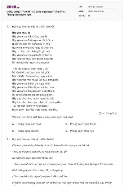 ĐGNL ĐHQG TP.HCM - Sử dụng ngôn ngữ Tiếng Việt - Phong cách ngôn ngữ