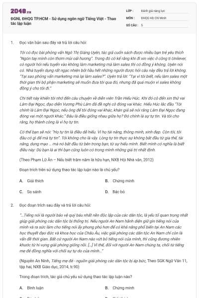 ĐGNL ĐHQG TP.HCM - Sử dụng ngôn ngữ Tiếng Việt - Thao tác lập luận