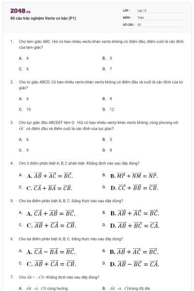 80 câu trắc nghiệm Vectơ cơ bản (P1)