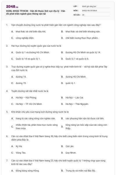 ĐGNL ĐHQG TP.HCM - Vấn đề thuộc lĩnh vực địa lý - Vấn đề phát triển ngành giao thông vận tải