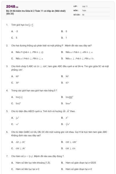 Bộ 24 Đề kiểm tra Giữa kì 2 Toán 11 có đáp án (Mới nhất) (Đề  20)