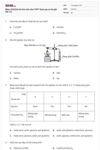 [Năm 2022] Đề thi thử môn Hóa THPT Quốc gia có lời giải (Đề 12)