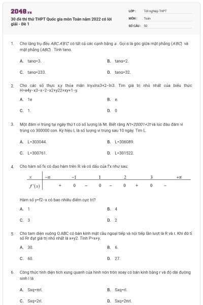 30 đề thi thử THPT Quốc gia môn Toán năm 2022 có lời giải - Đề 1