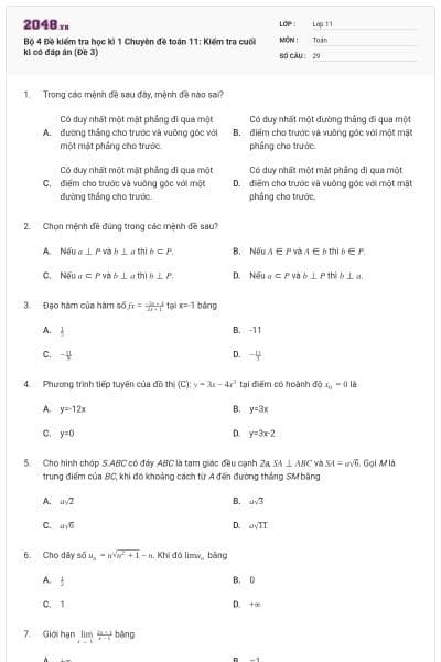 Bộ 4 Đề kiểm tra học kì 1 Chuyên đề toán 11: Kiểm tra cuối kì có đáp án (Đề 3)