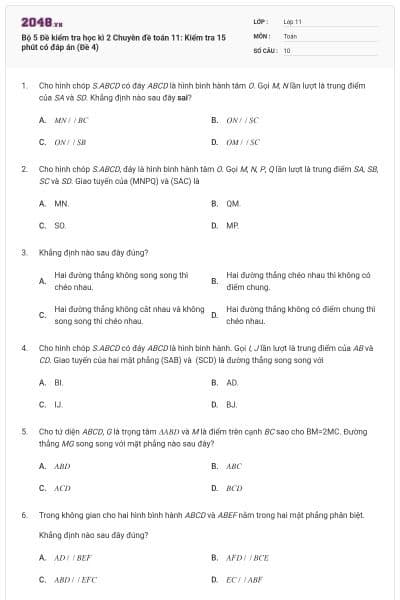 Bộ 5 Đề kiểm tra học kì 2 Chuyên đề toán 11: Kiểm tra 15 phút có đáp án (Đề 4)