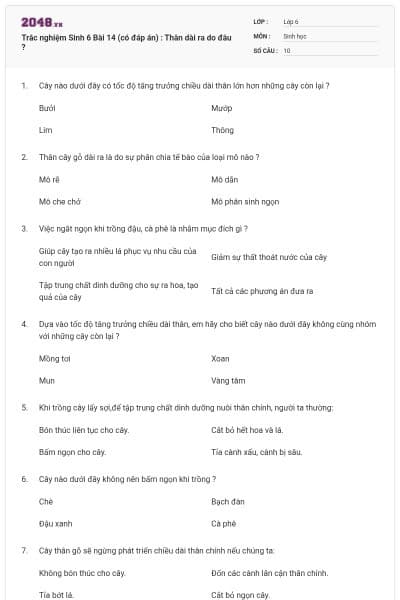 Trắc nghiệm Sinh 6 Bài 14 (có đáp án) : Thân dài ra do đâu ?