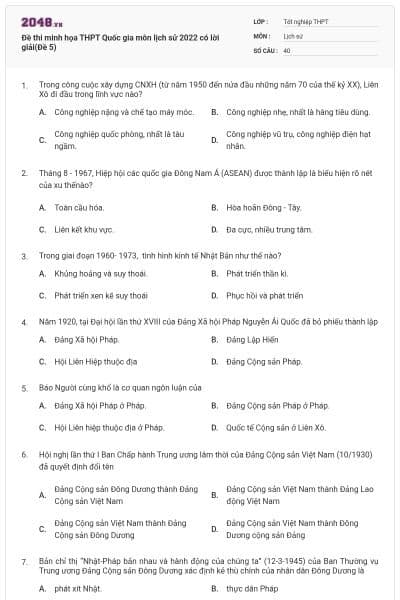 Đề thi minh họa THPT Quốc gia môn lịch sử 2022 có lời giải(Đề 5)