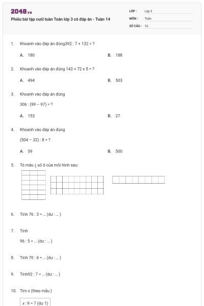 Phiếu bài tập cuối tuần Toán lớp 3 có đáp án - Tuần 14