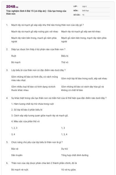 Trắc nghiệm Sinh 6 Bài 15 (có đáp án) : Cấu tạo trong của thân non