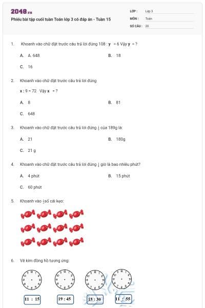 Phiếu bài tập cuối tuần Toán lớp 3 có đáp án - Tuần 15