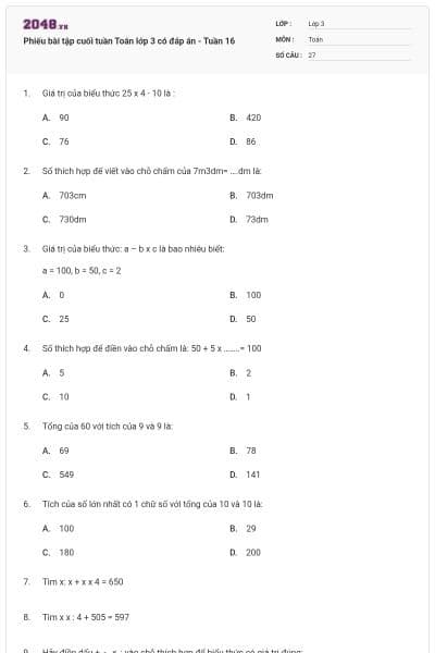 Phiếu bài tập cuối tuần Toán lớp 3 có đáp án - Tuần 16