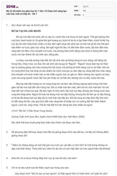 Bộ 22 đề kiểm tra giữa học kì 1 Văn 10 Chân trời sáng tạo cấu trúc mới có đáp án -  Đề 1