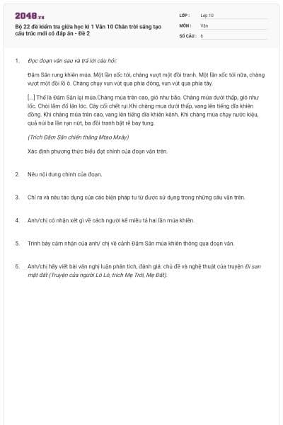 Bộ 22 đề kiểm tra giữa học kì 1 Văn 10 Chân trời sáng tạo cấu trúc mới có đáp án -  Đề 2