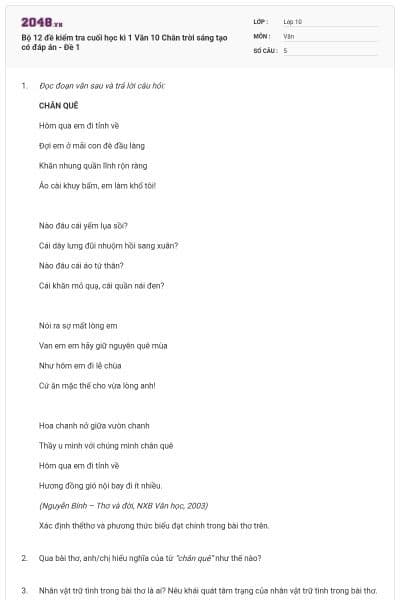 Bộ 12 đề kiểm tra cuối học kì 1 Văn 10 Chân trời sáng tạo có đáp án - Đề 1