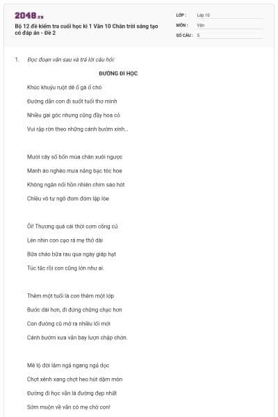 Bộ 12 đề kiểm tra cuối học kì 1 Văn 10 Chân trời sáng tạo có đáp án - Đề 2