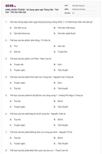 ĐGNL ĐHQG TP.HCM - Sử dụng ngôn ngữ Tiếng Việt - Thể loại - Văn học hiện đại