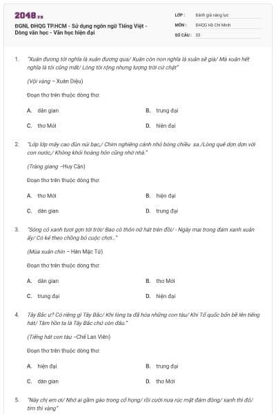 ĐGNL ĐHQG TP.HCM - Sử dụng ngôn ngữ Tiếng Việt - Dòng văn học - Văn học hiện đại