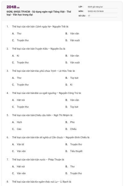 ĐGNL ĐHQG TP.HCM - Sử dụng ngôn ngữ Tiếng Việt - Thể loại - Văn học trung đại